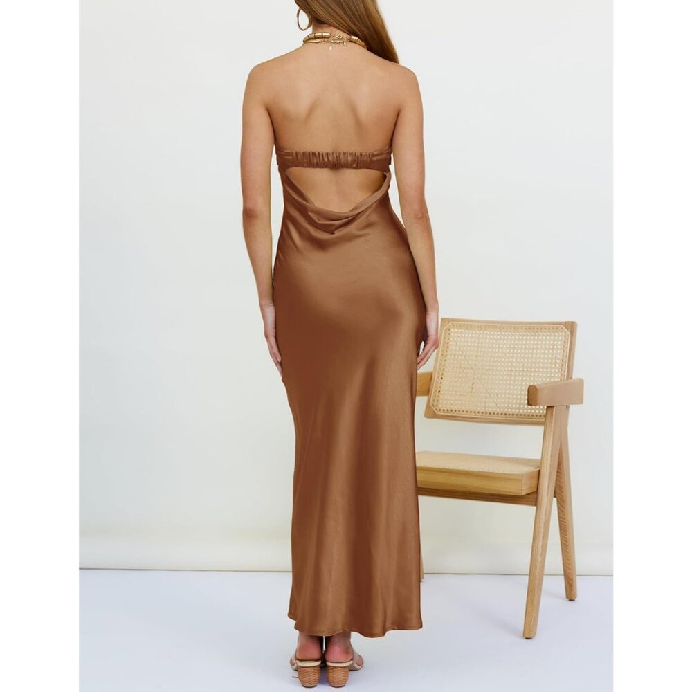Women's Brown Cocktail Satin Strapless Tube Bodycon Backless Party Maxi Dress - Picture 4 of 7